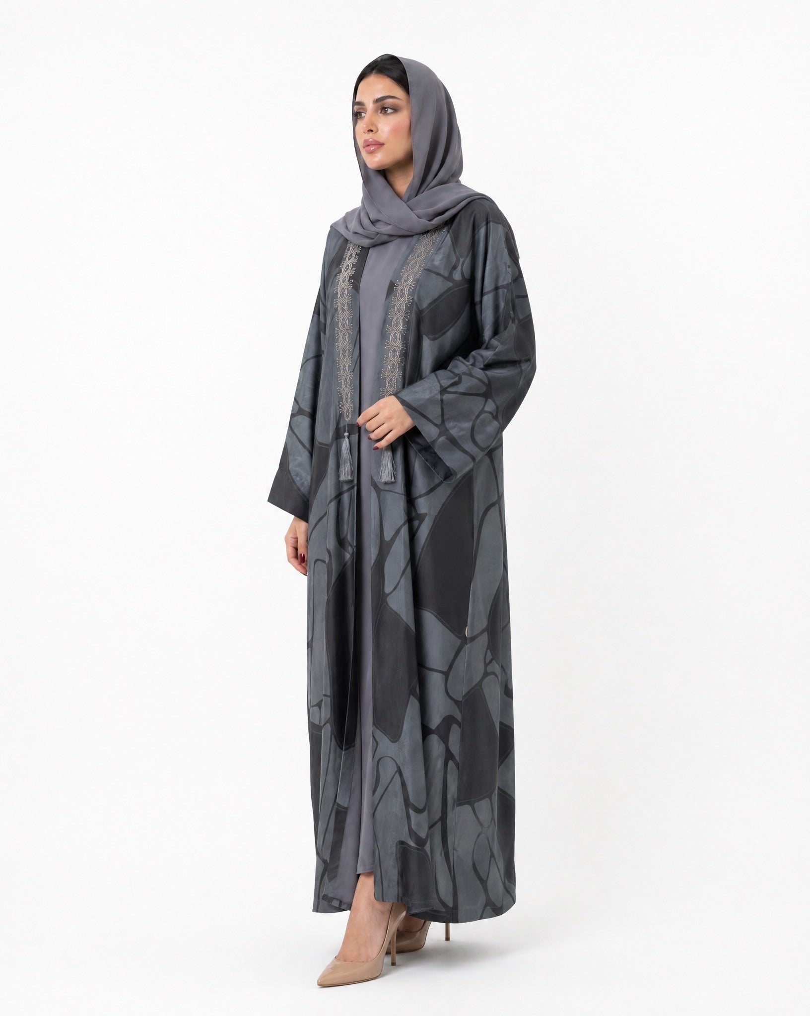 GB - Gray Silk Abaya - SASH - MIRA Y MANO