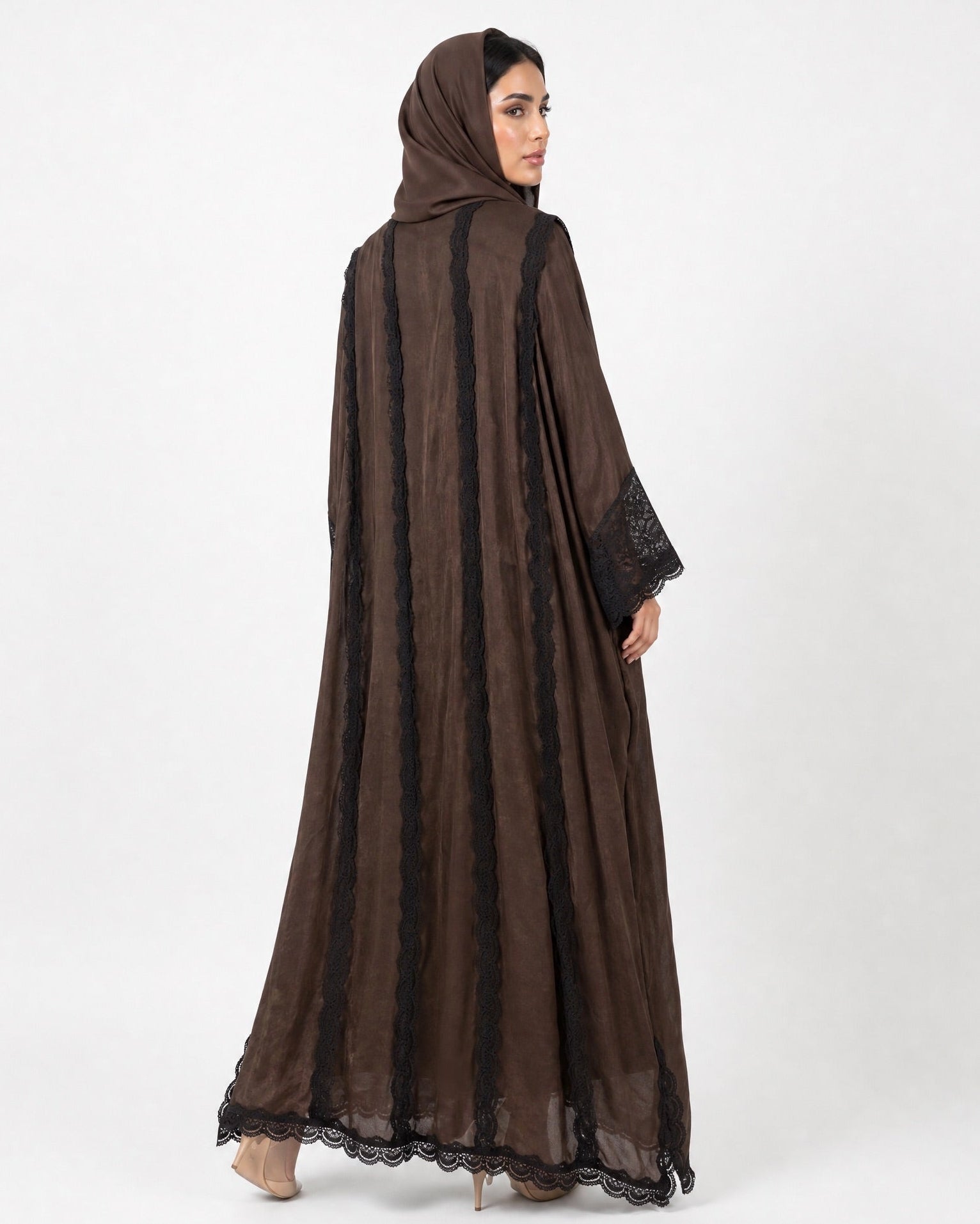 560SU-BR-Saddle Brown Linen Abaya - SUZAN MUZAFFAR - MIRA Y MANO