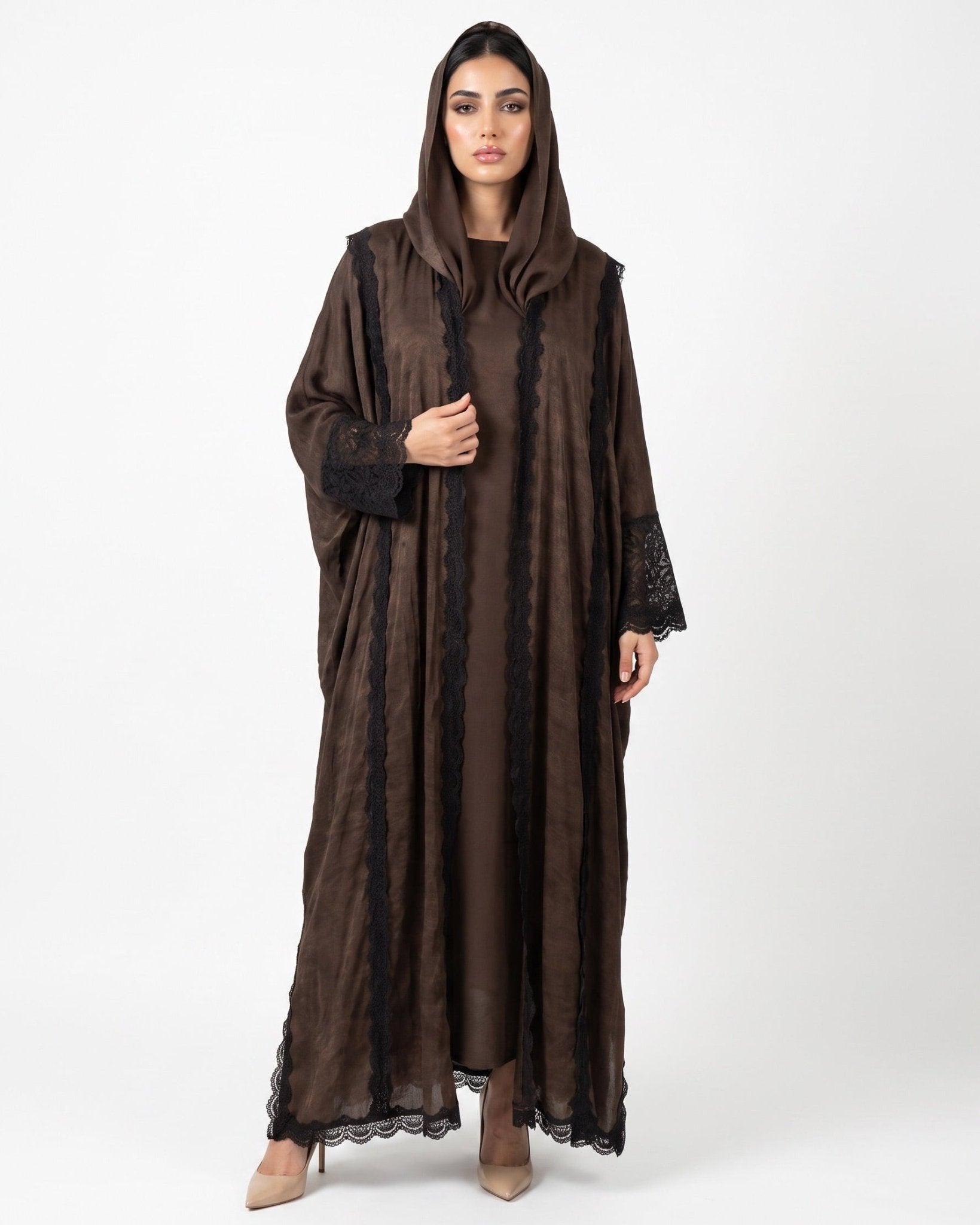 560SU-BR-Saddle Brown Linen Abaya - SUZAN MUZAFFAR - MIRA Y MANO
