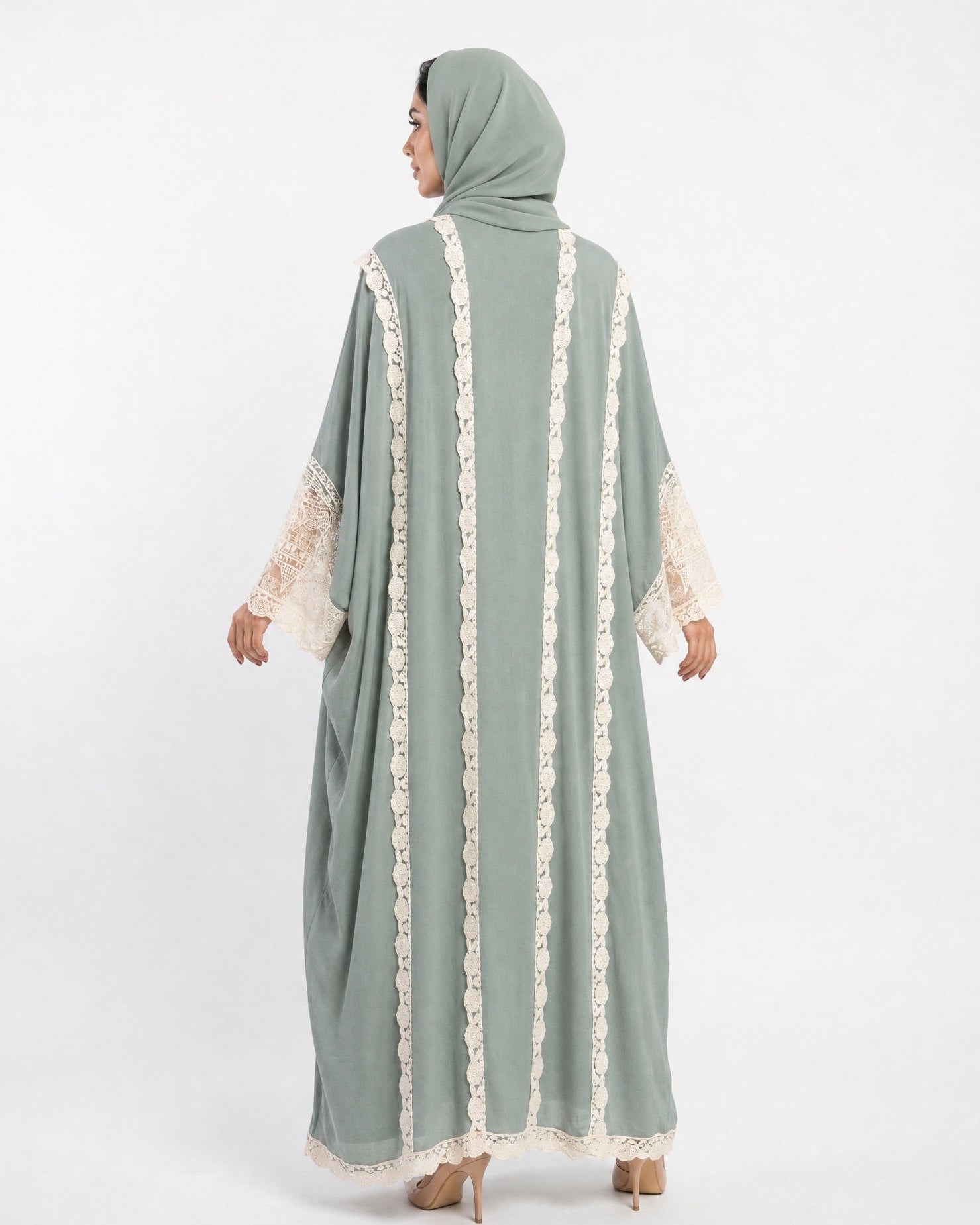 560SU-DSG-Dark Sea Green Linen Abaya - SUZAN MUZAFFAR - MIRA Y MANO