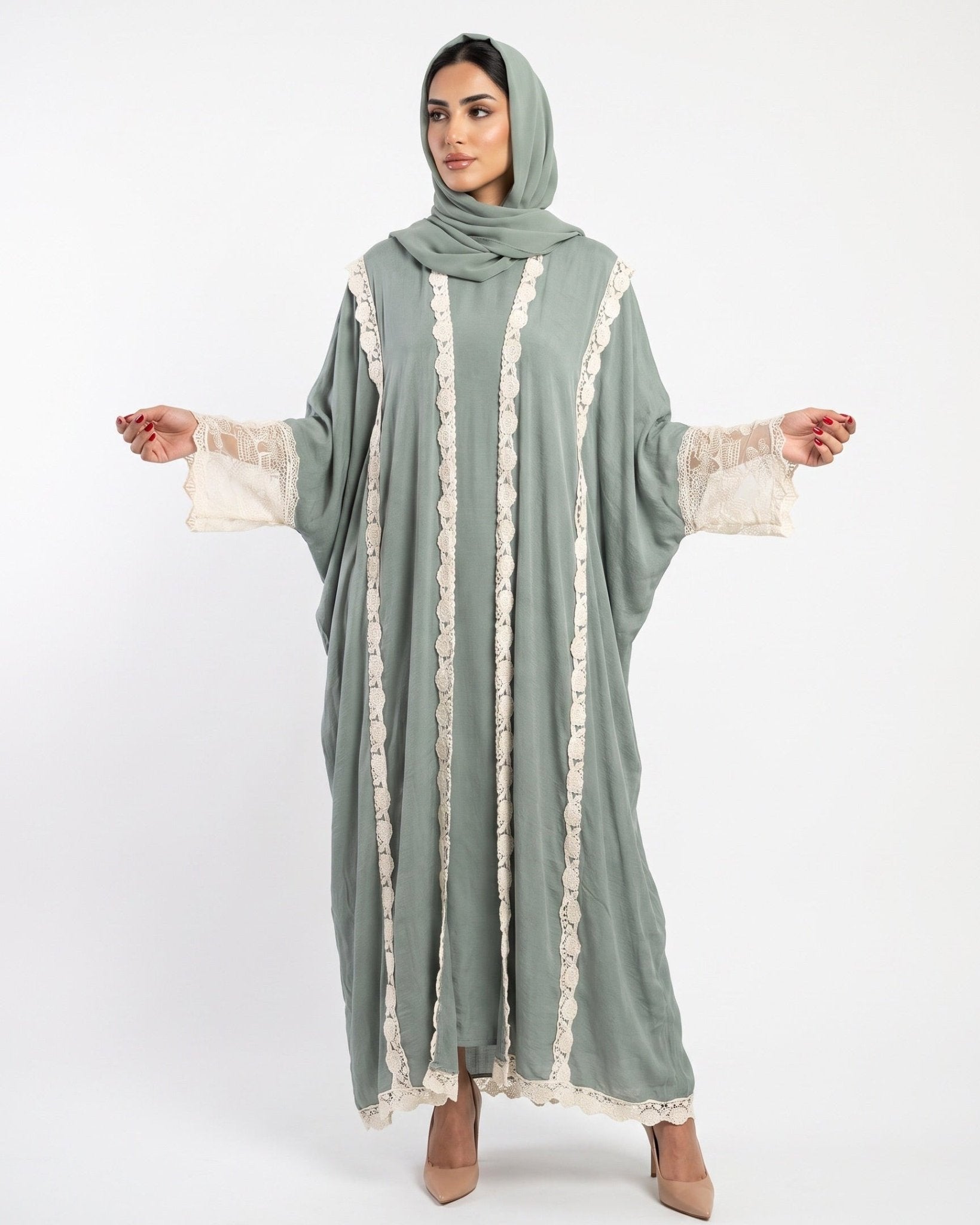 560SU-DSG-Dark Sea Green Linen Abaya - SUZAN MUZAFFAR - MIRA Y MANO