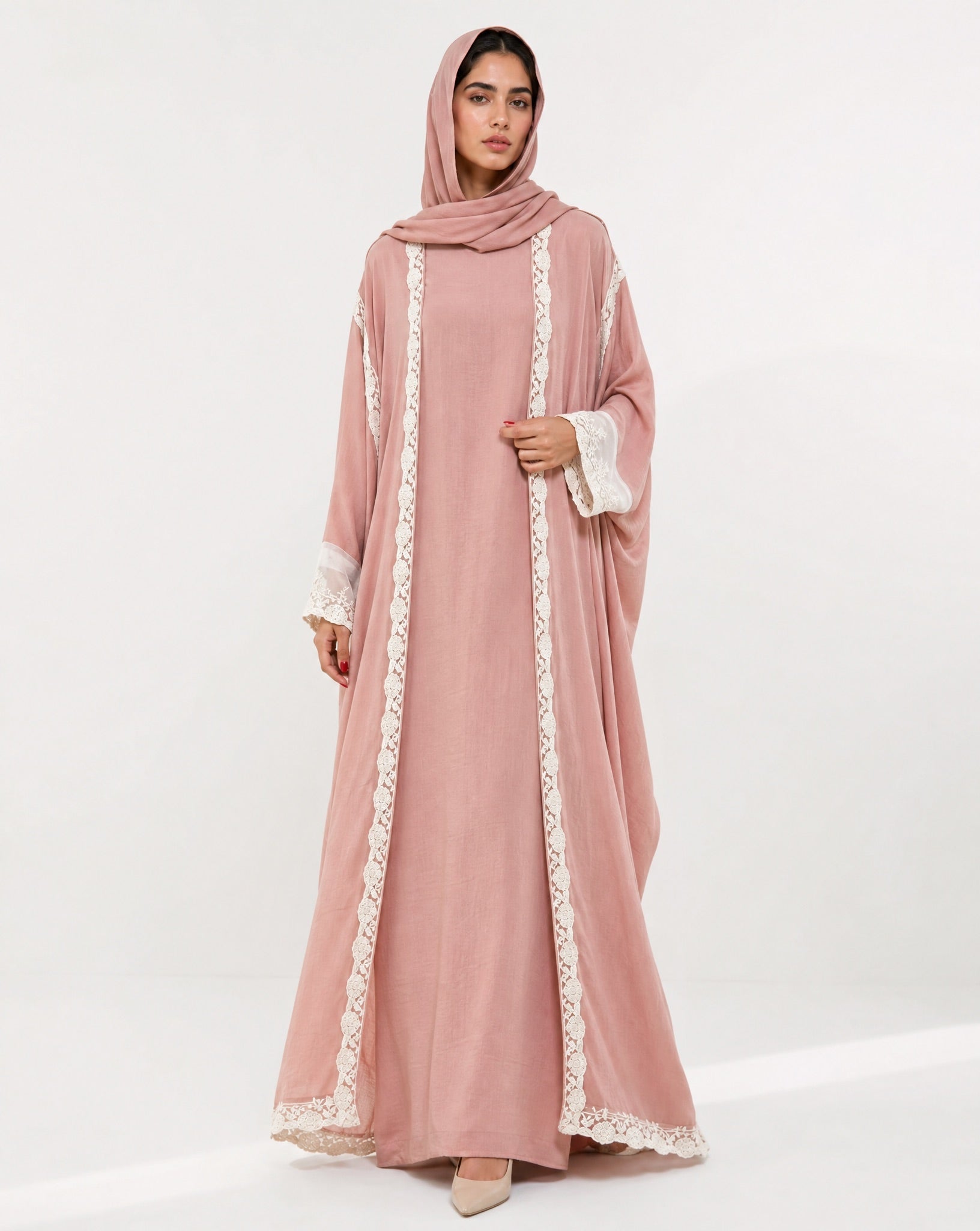 560SU-LP-Light Pink Linen Abaya - SUZAN MUZAFFAR - MIRA Y MANO