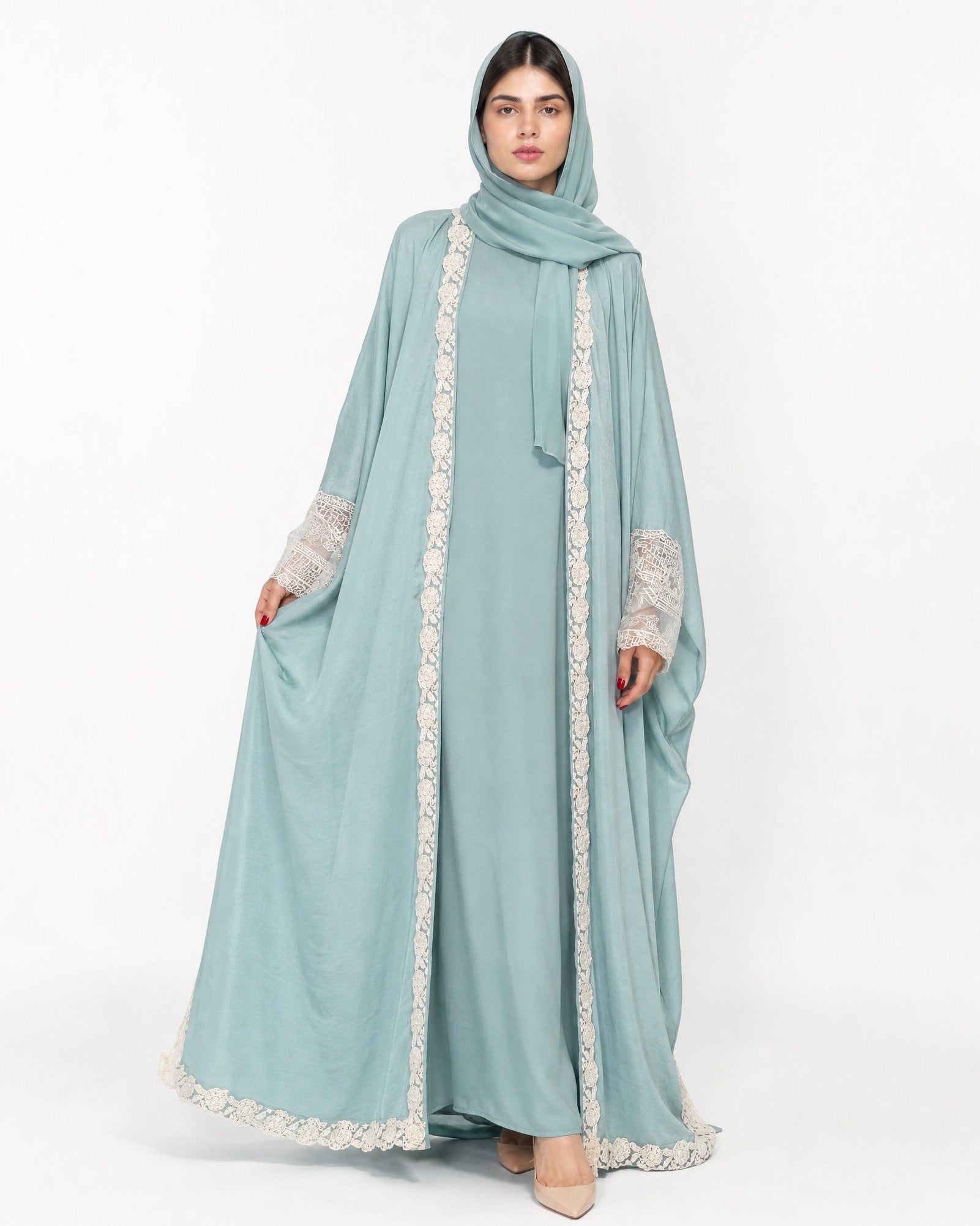 560SU-MA-Medium Aquamarine Abaya - SUZAN MUZAFFAR - MIRA Y MANO