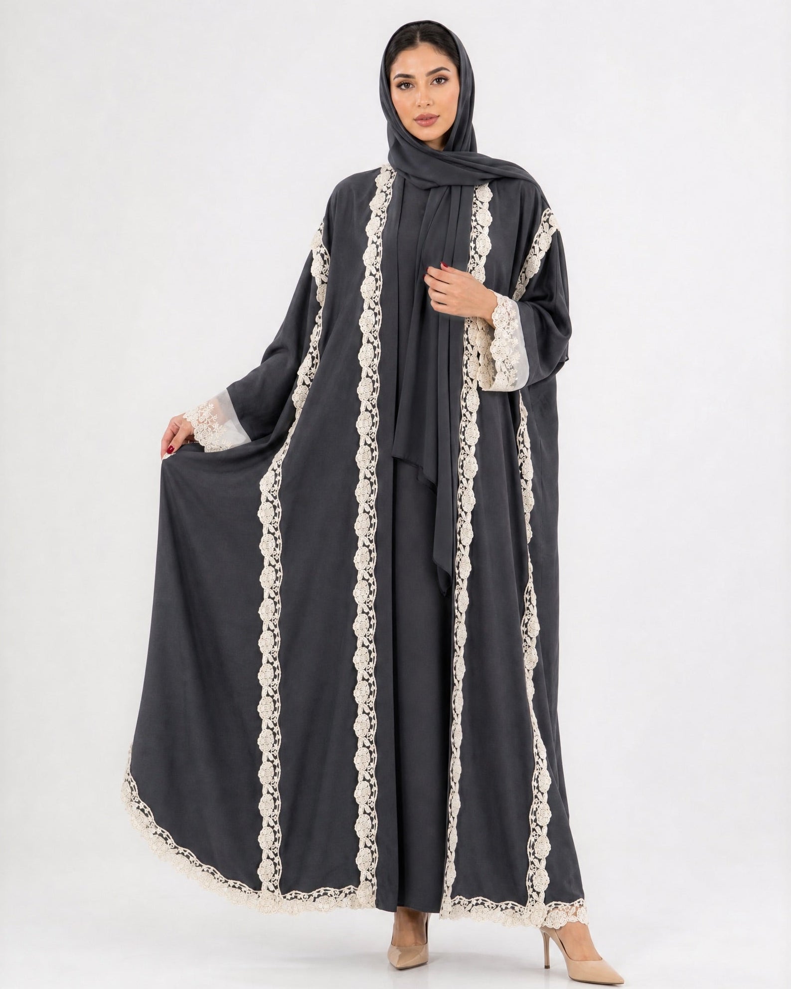 560SU-SG-Slate Gray Linen Abaya - SUZAN MUZAFFAR - MIRA Y MANO