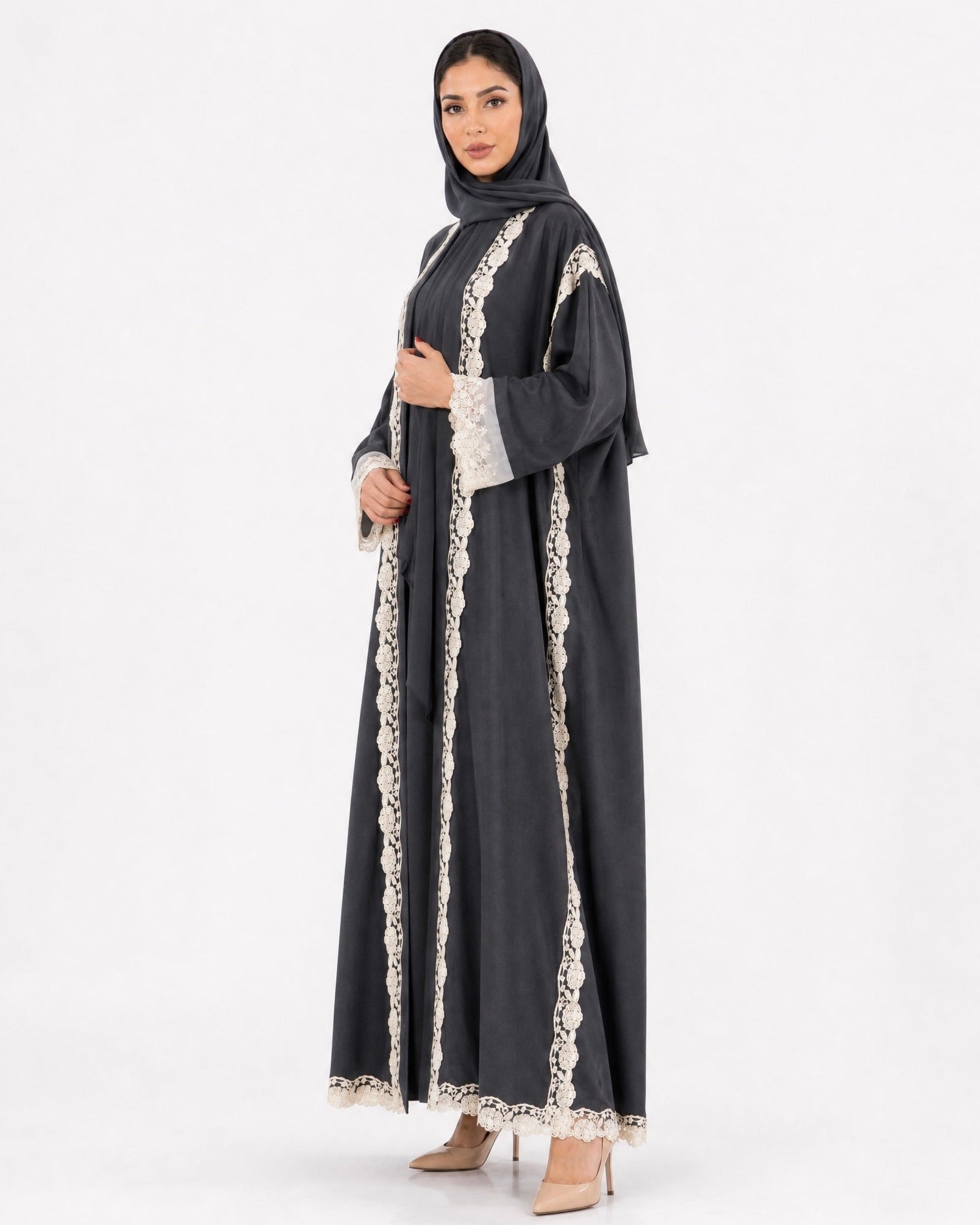 560SU-SG-Slate Gray Linen Abaya - SUZAN MUZAFFAR - MIRA Y MANO