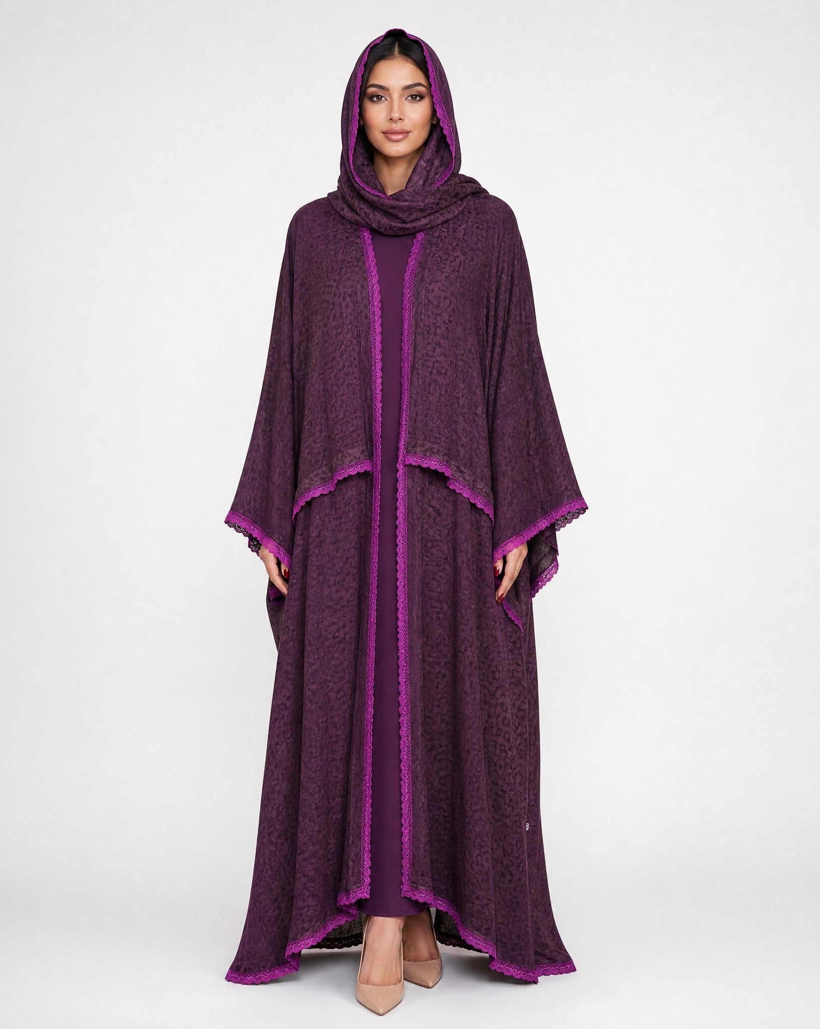 580SU-PUR1-Purple Linen Abaya - SUZAN MUZAFFAR - MIRA Y MANO