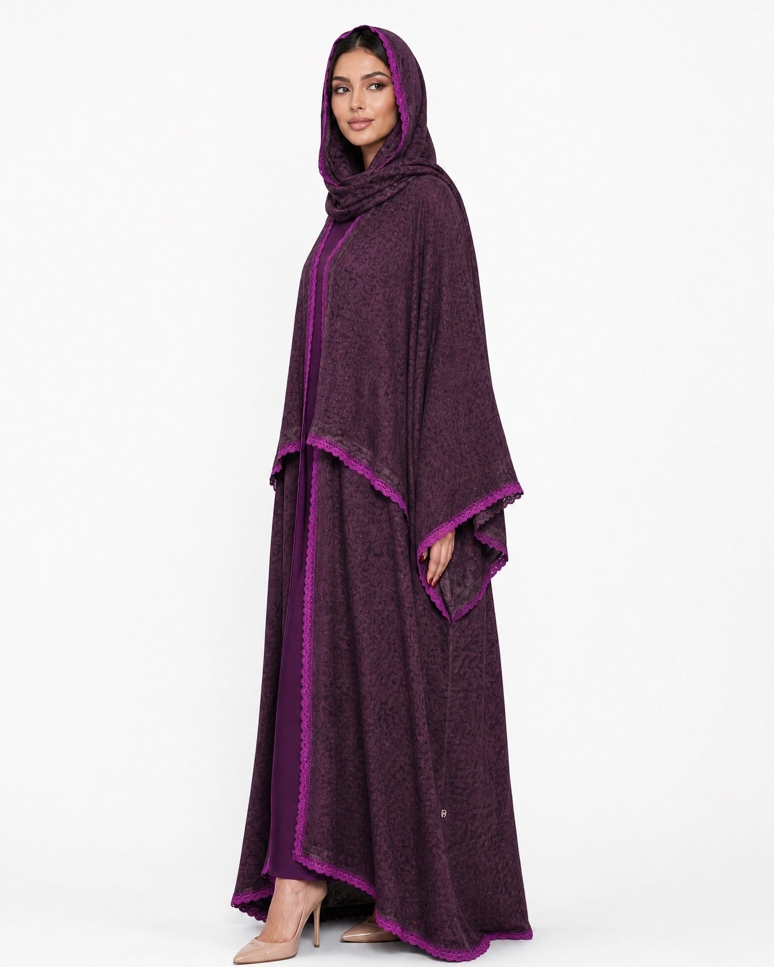 580SU-PUR1-Purple Linen Abaya - SUZAN MUZAFFAR - MIRA Y MANO