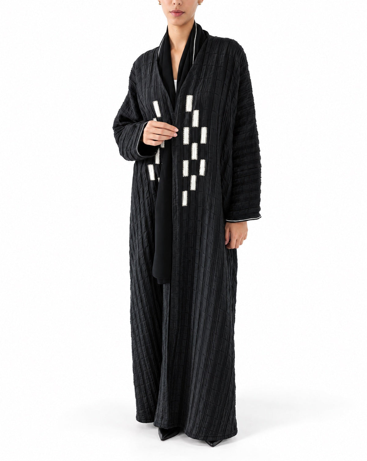 OBLONG-BK - Black Jacquard Abaya - TEAL - MIRA Y MANO