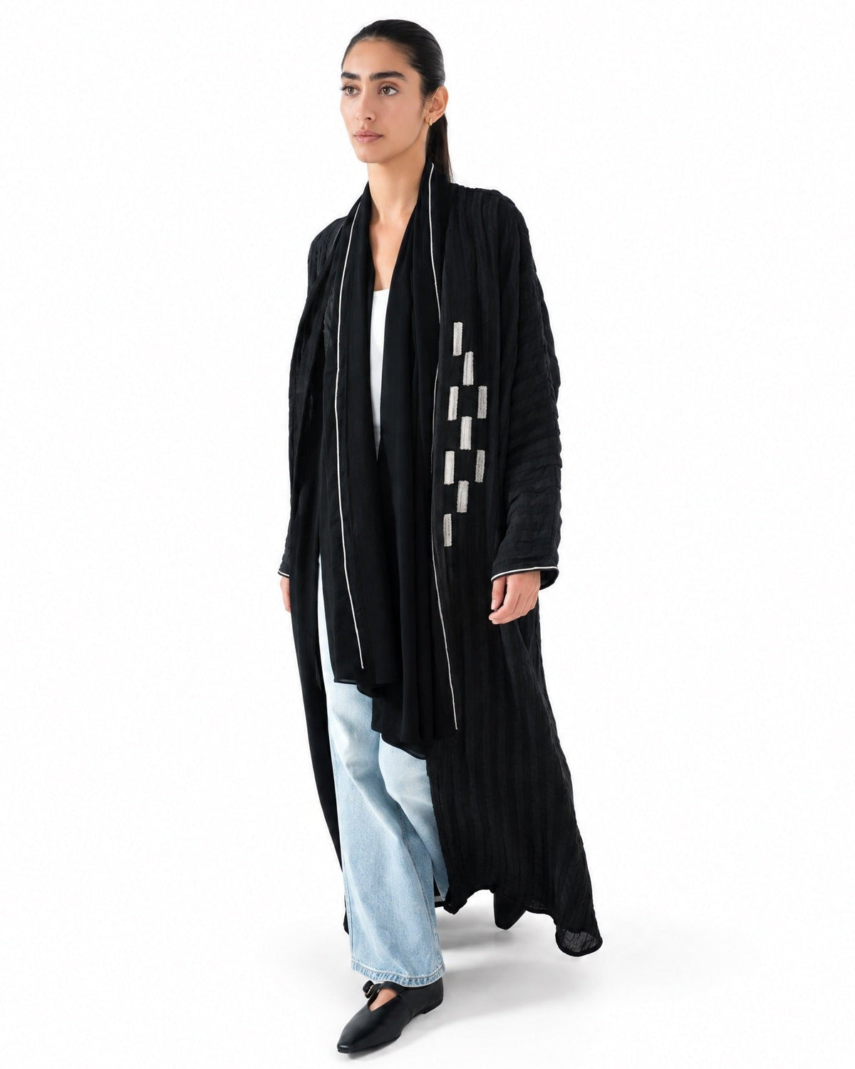 OBLONG-BK - Black Jacquard Abaya - TEAL - MIRA Y MANO