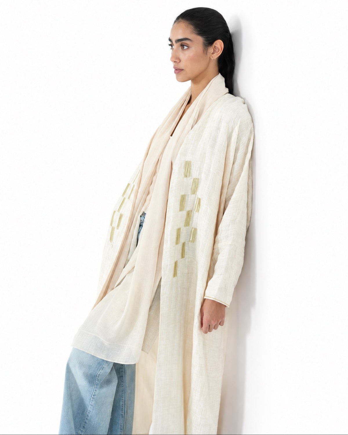 OBLONG-C - Ivory Jacquard Abaya - TEAL - MIRA Y MANO
