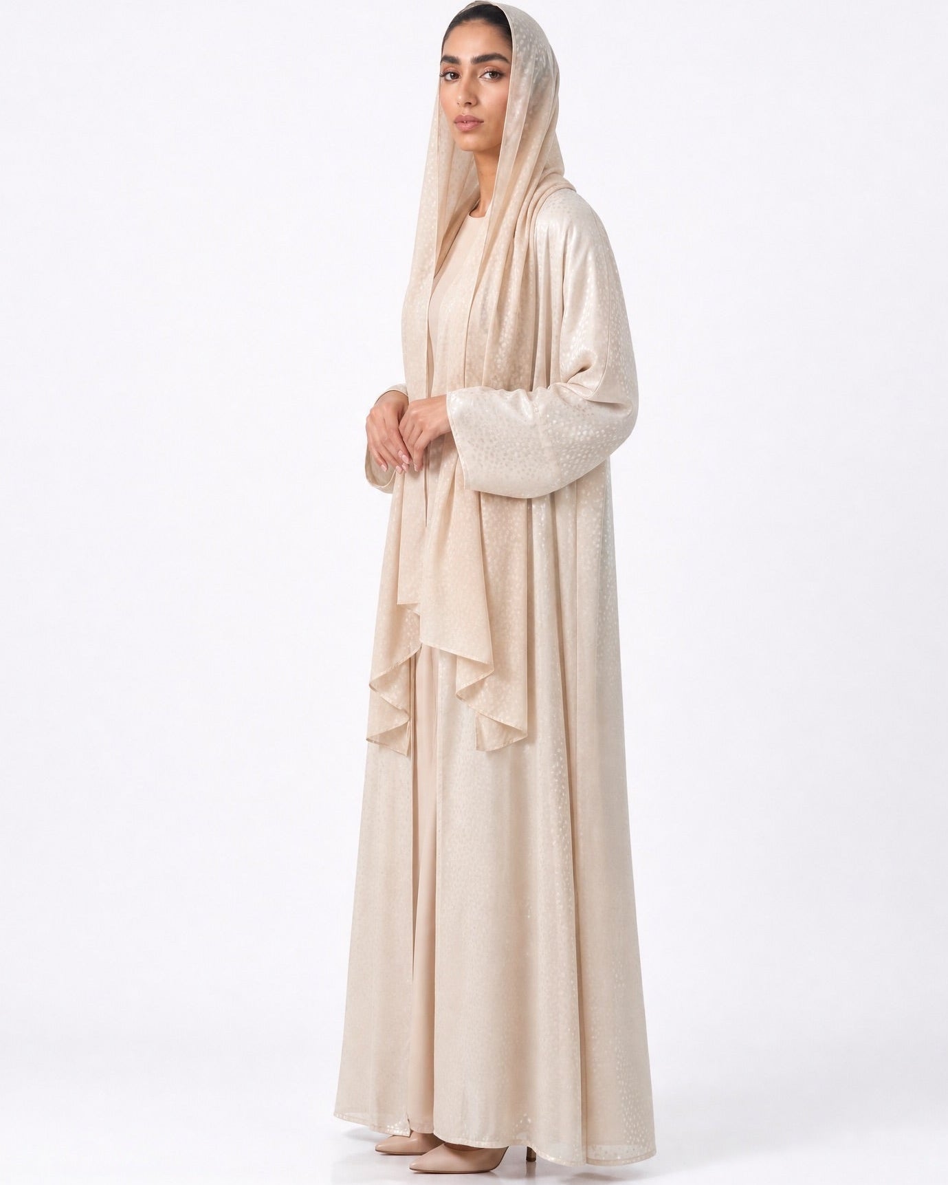 SCATTERED-BE - Beige Chiffon Abaya - TEAL - MIRA Y MANO