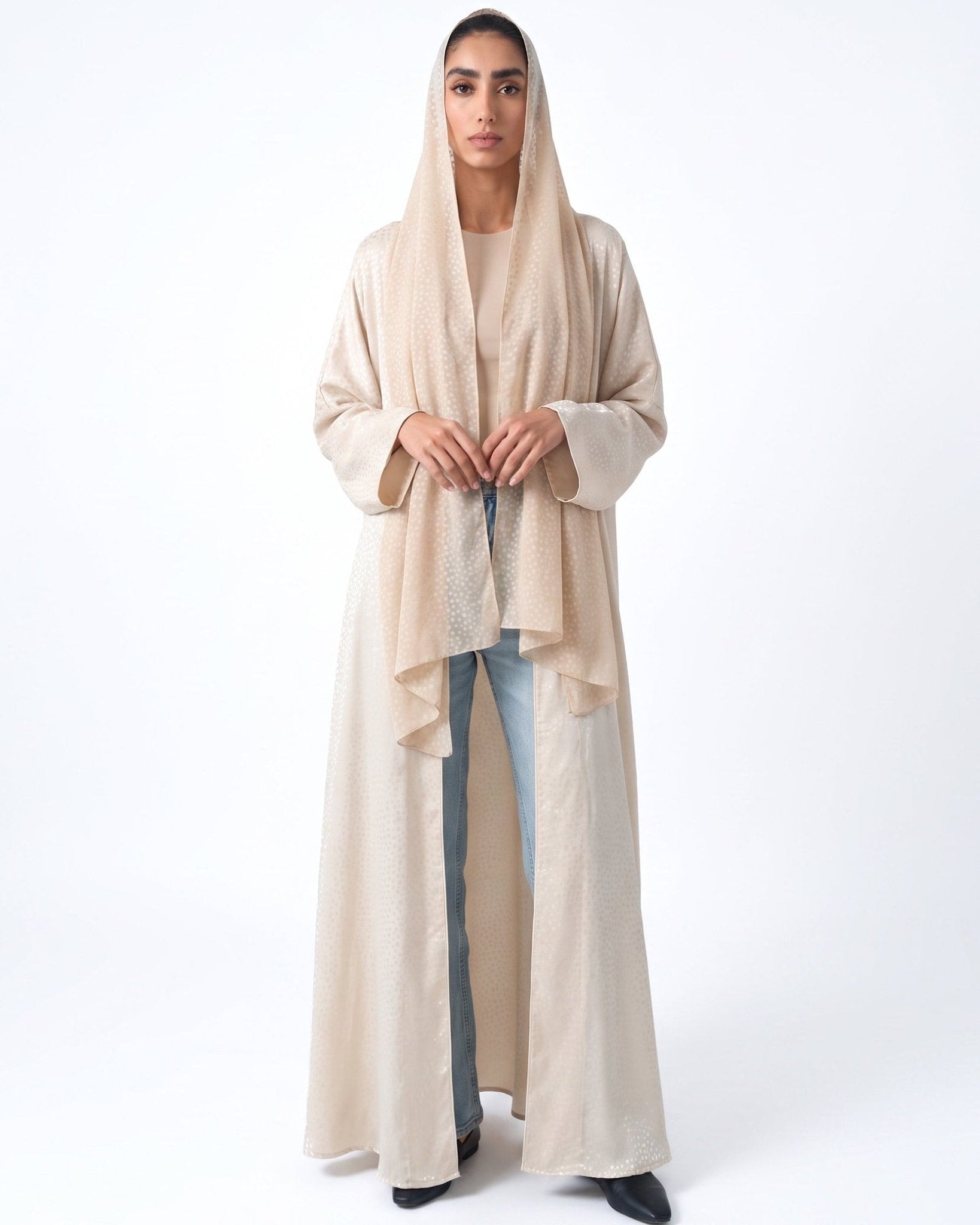 SCATTERED-BE - Beige Chiffon Abaya - TEAL - MIRA Y MANO