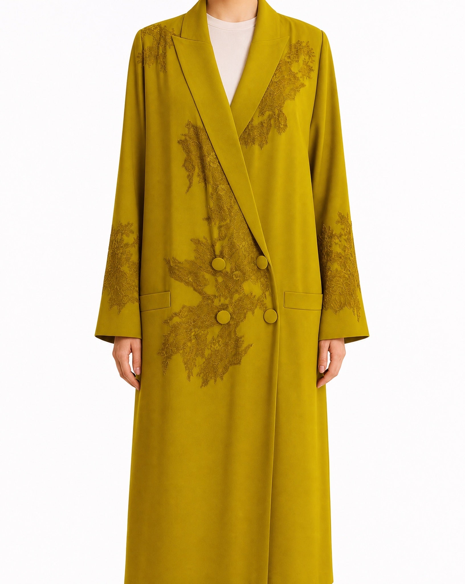 SUMMER26LOOK01 - Green Yellow Crepe Abaya - THE ORPHIC - MIRA Y MANO