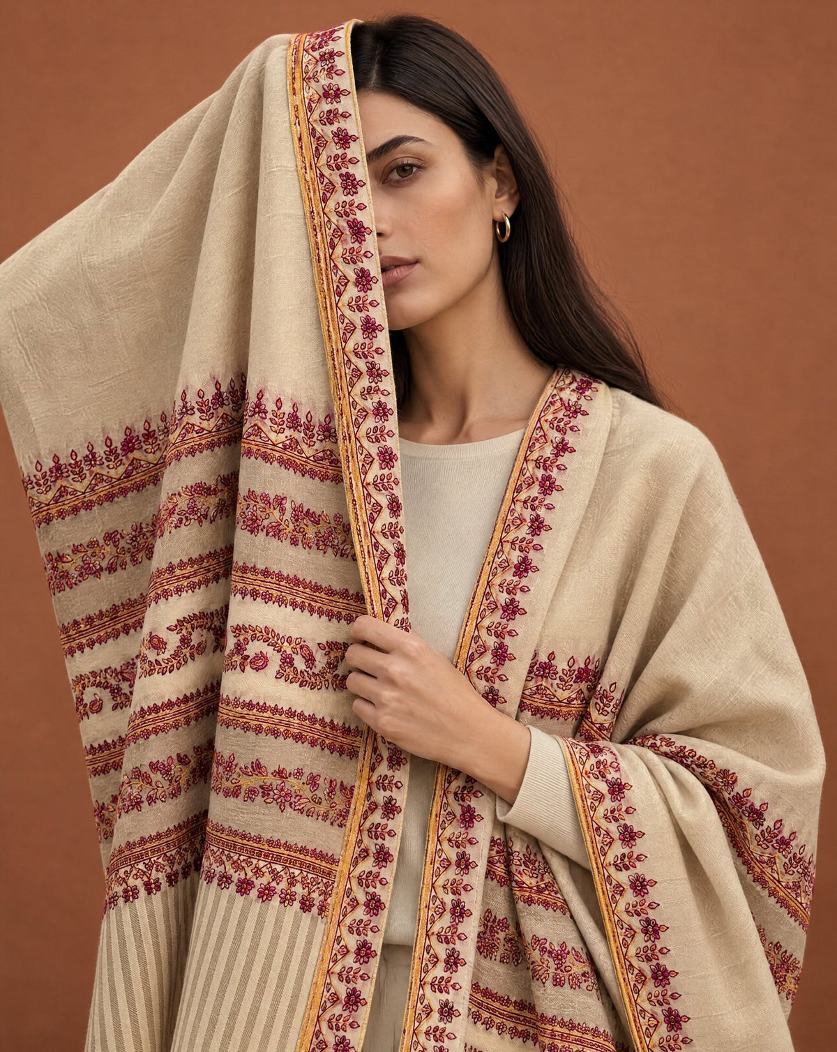 SS26PAS39 – Beige Cashmere Pashmina with Border Embroidery - MIRA Y MANO