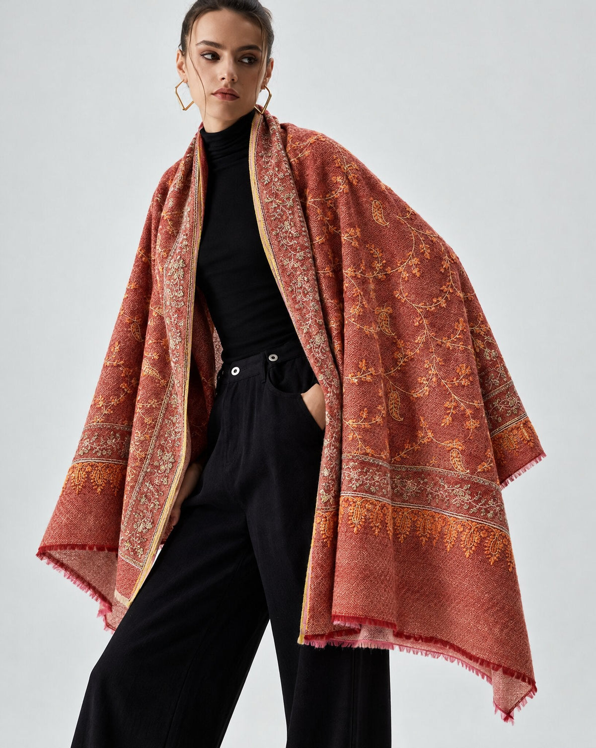 SS26PAS59 – Brick Red Cashmere Pashmina with All-Over Embroidery - MIRA Y MANO