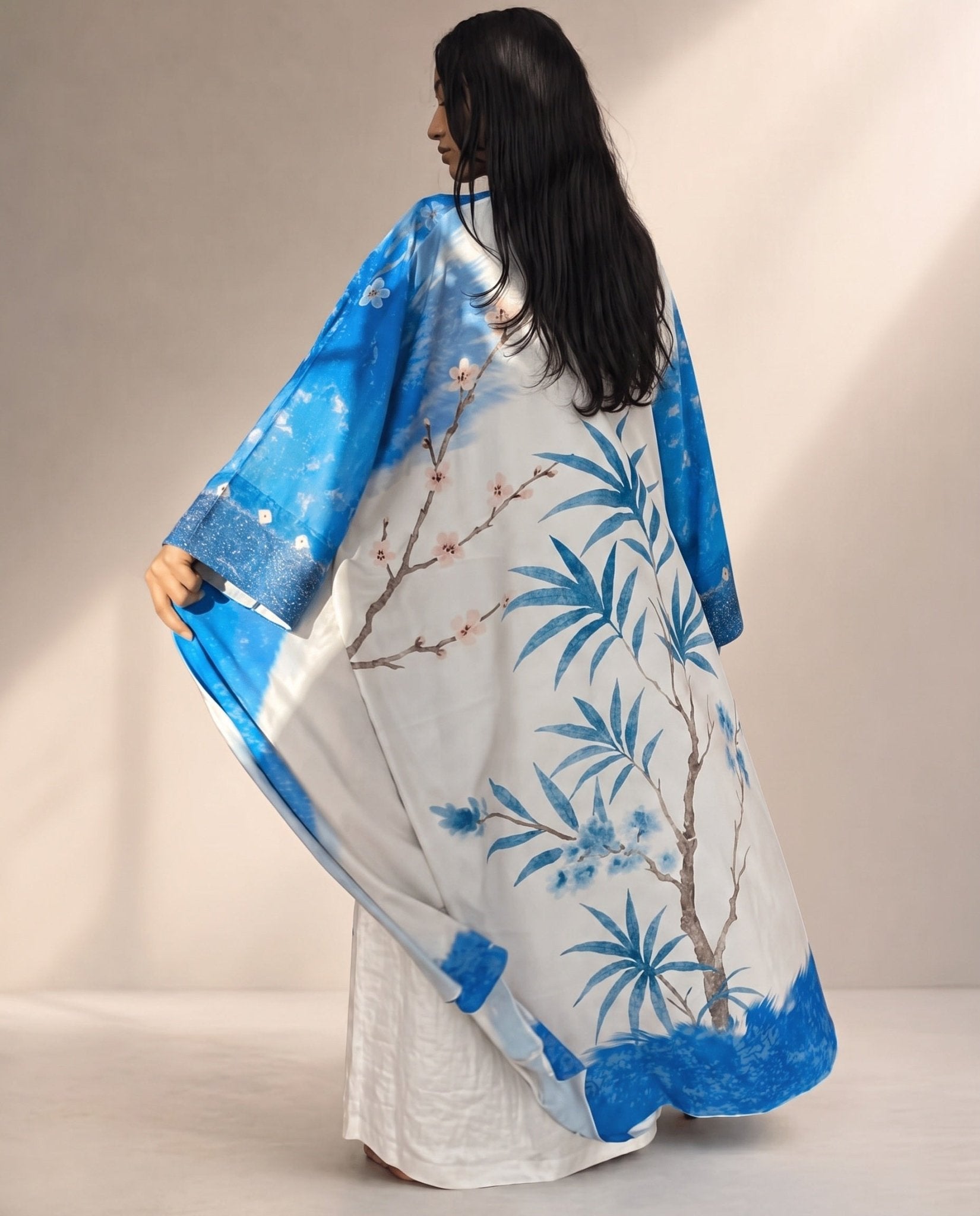 She Thought in Indigo – Beige Printed Silk Abaya - THE UNTITLED PROJECT - MIRA Y MANO